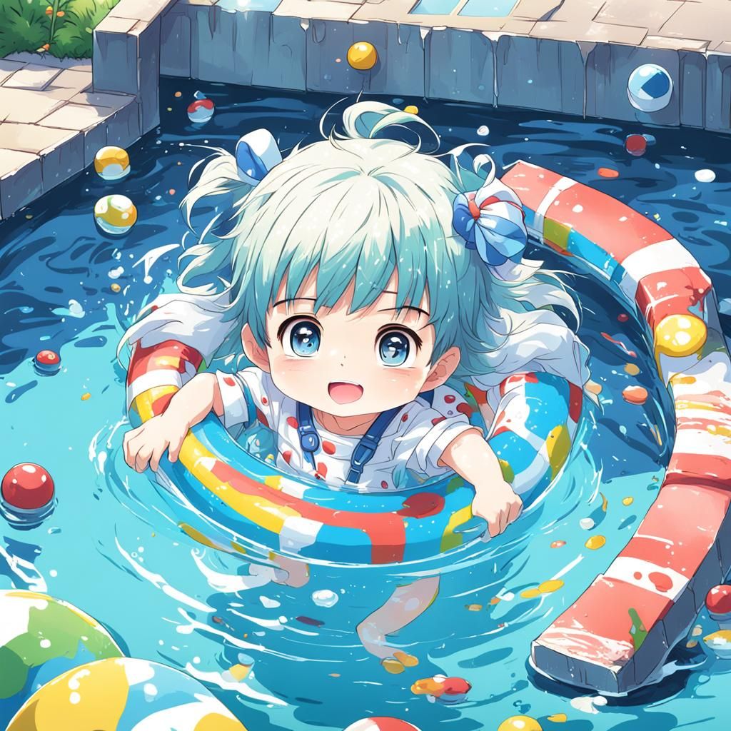 Cute Child Swimming in Pool in Anime Style