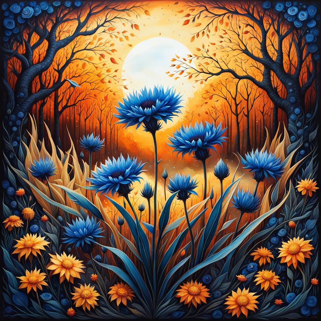 Crisp Cornflowers at Sunrise: A Fairytale Illustration