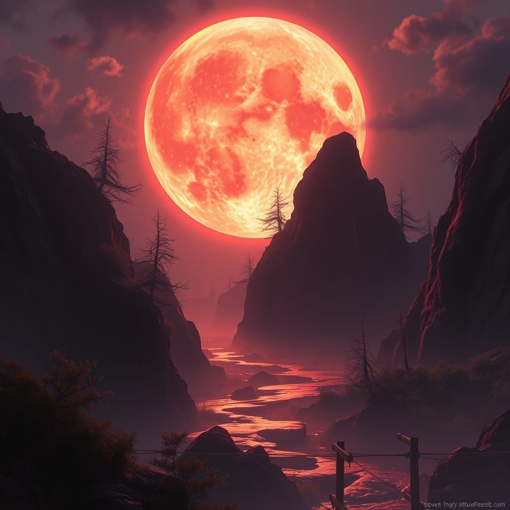 Surreal Paleblood Moon in Dark Fantasy Art Nouveau Style