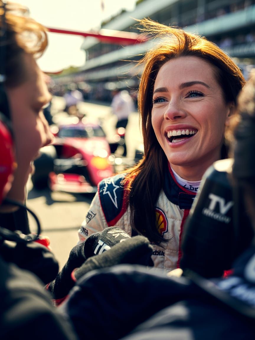 Female Formula 1 Driver Laughing in Pit Lane