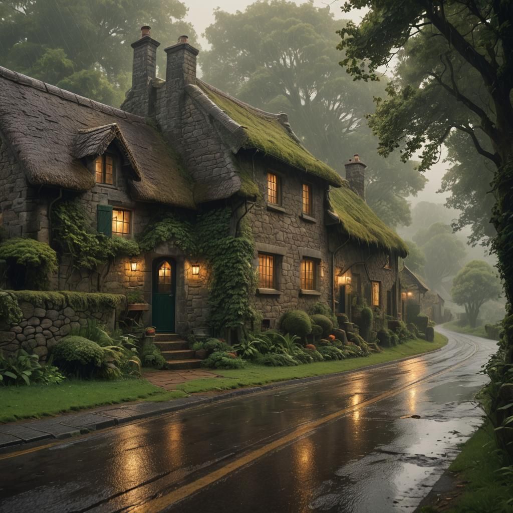 Stone Cottage on Rainy Lane: Cinematic Digital Painting