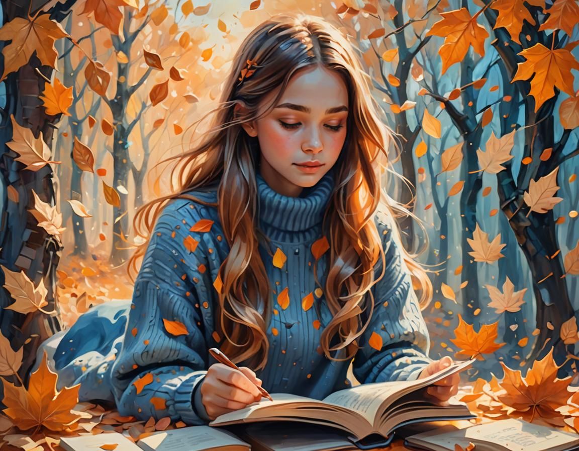 Whimsical Girl Reading Book in Autumn Leaves