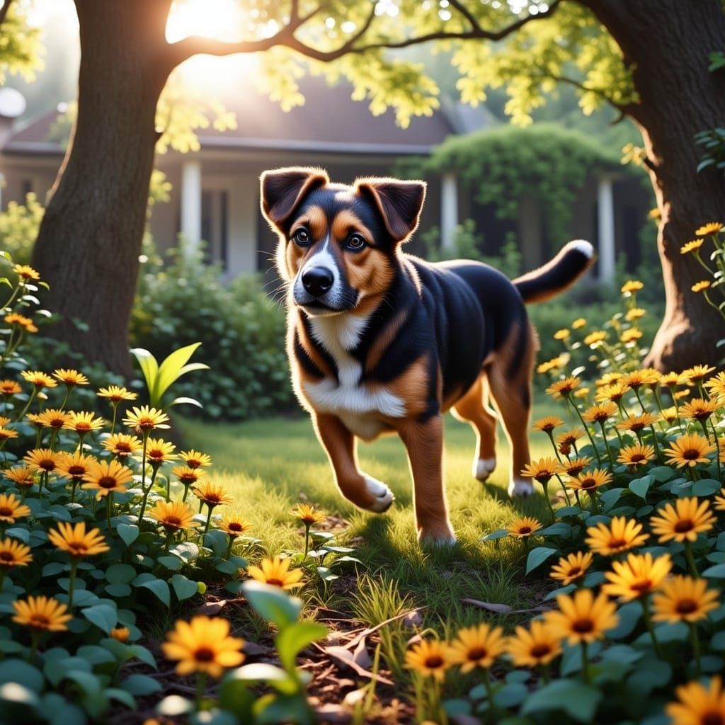 German Shepherd in a Vibrant English Garden