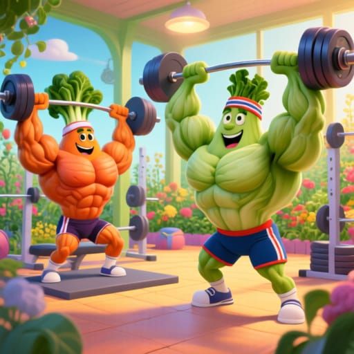 Muscular Vegetables Lift Weights in a Whimsical Garden Gym