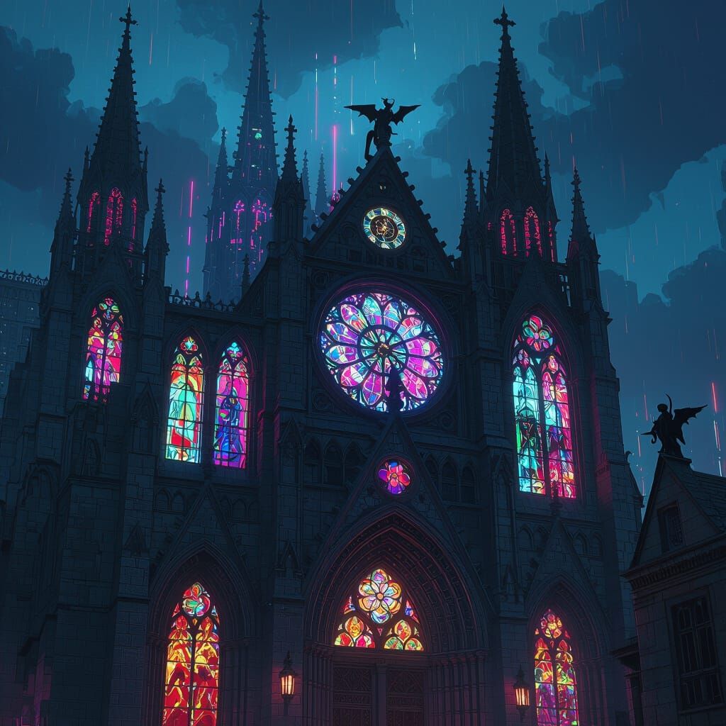 Futuristic Gothic Cathedral with Clockwork Gargoyles