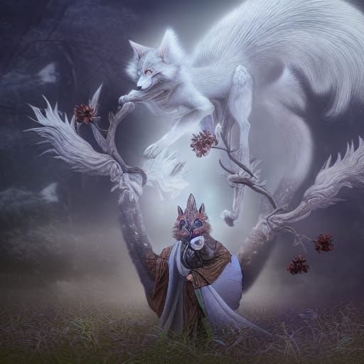 Epic Three-Tailed Kitsune Druid Digital Painting