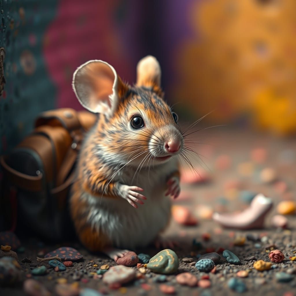 Mouse with Backpack in Hyperrealistic Digital Painting