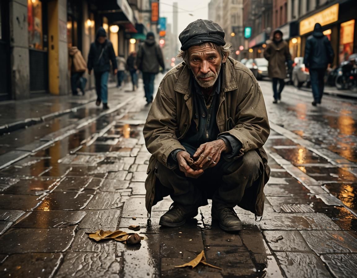 Street Beggar's Plea: Hyper-Realistic Urban Photography