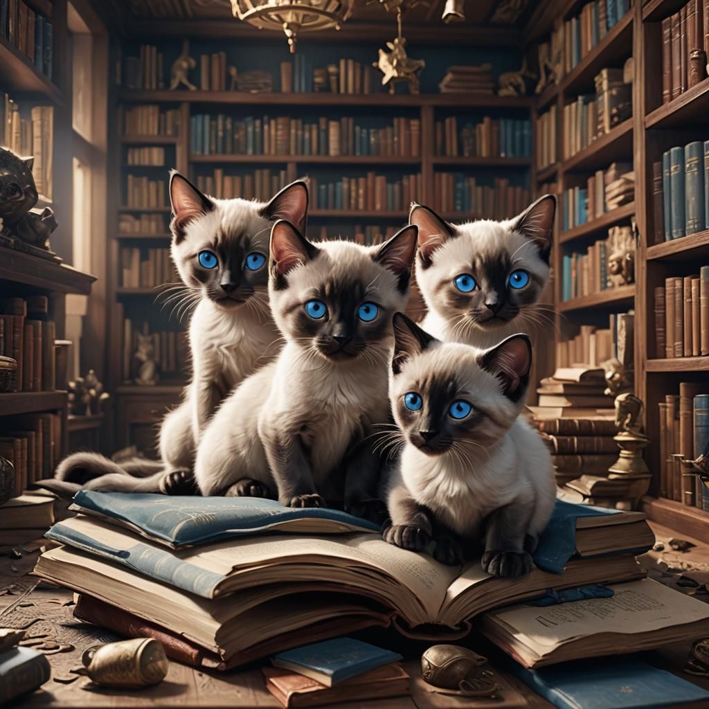 Siamese Kittens in Cozy Room, Detailed Matte Painting