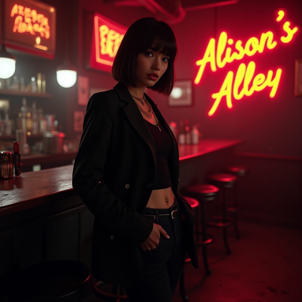 Woman in Jazz Club with Neon Sign - Hyperrealistic Photo