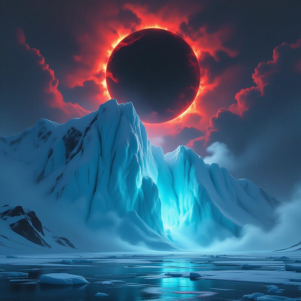 Surreal Glacier Under Black Sun