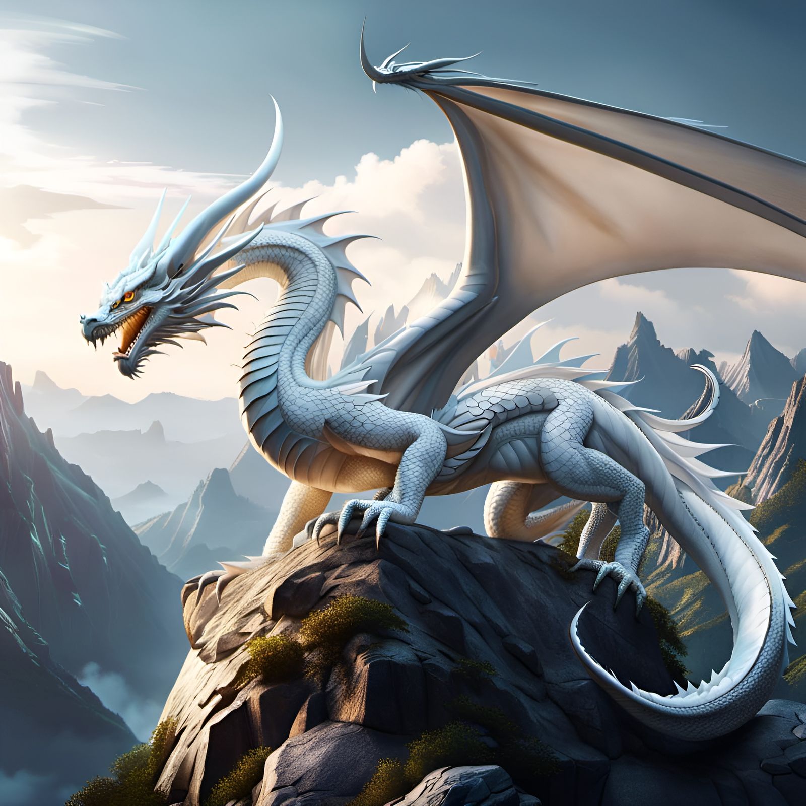 Majestic White Dragon on Mountain, Fantasy Art