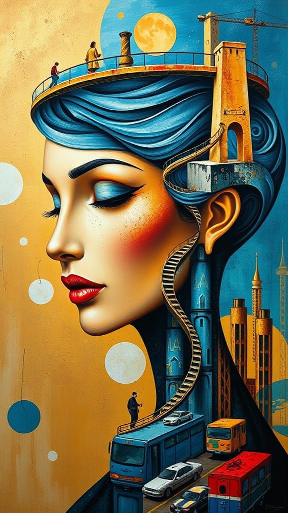 Woman's Surreal Face Blends with Vibrant Patterns and Archit...