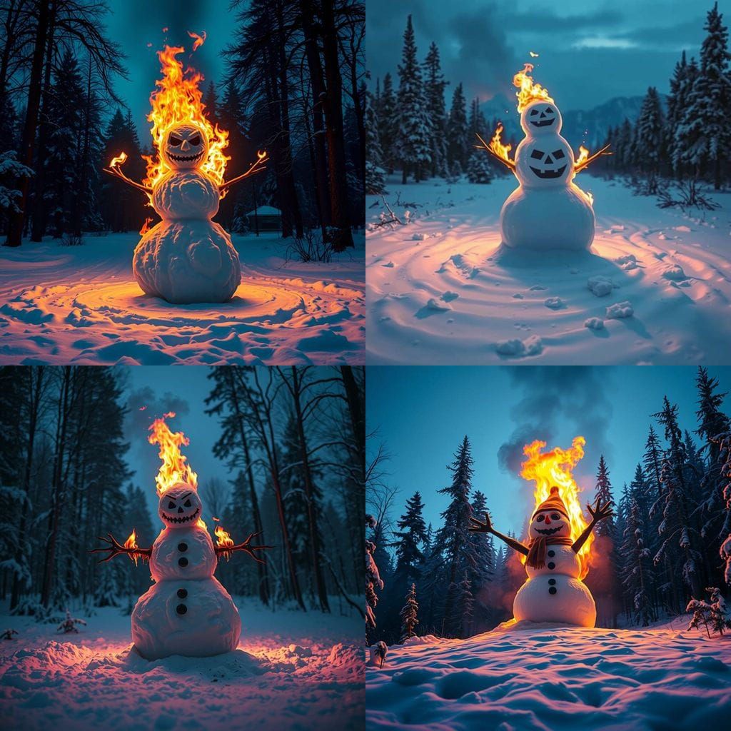 Sinister Snowman Engulfed in Flames Amidst Winter Forest