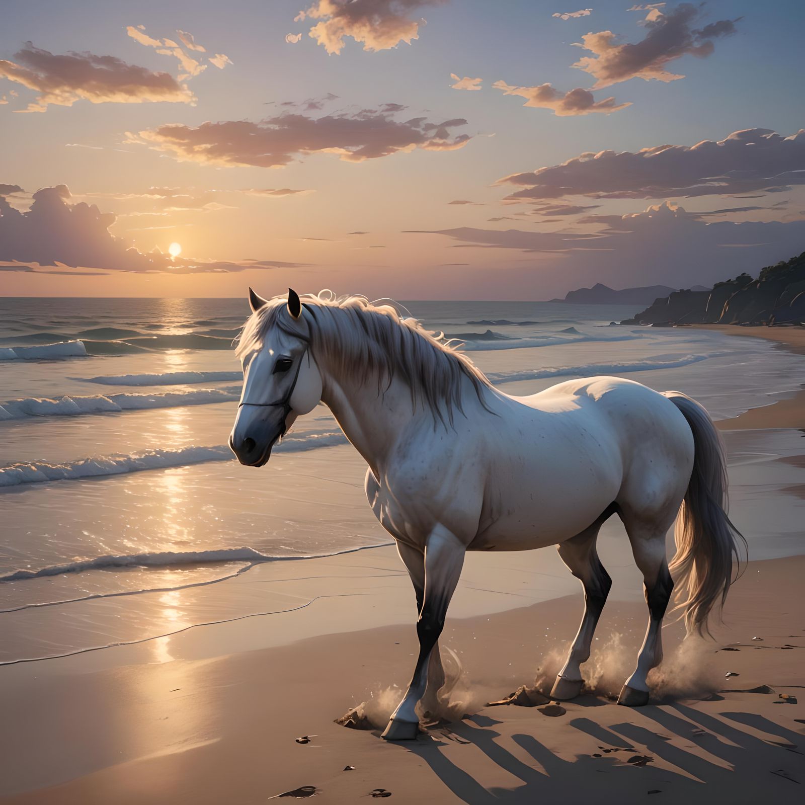 Horse on Beach at Sunset: 3D Anime Art