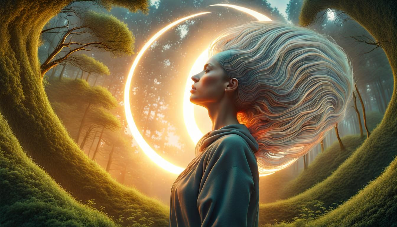 Surreal Woman Planting Sun and Moon in Forest