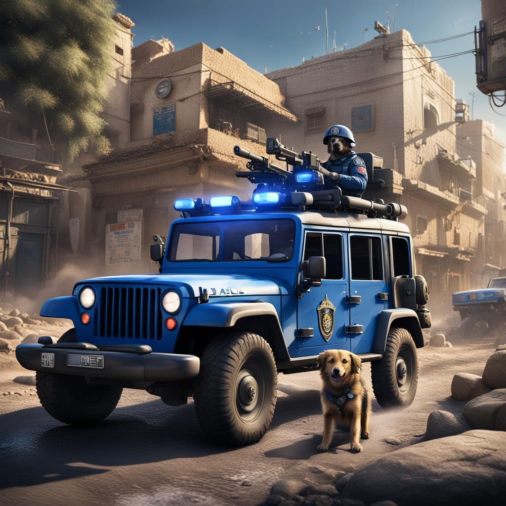 Dog in Israeli Police Uniform Driving a Jeep