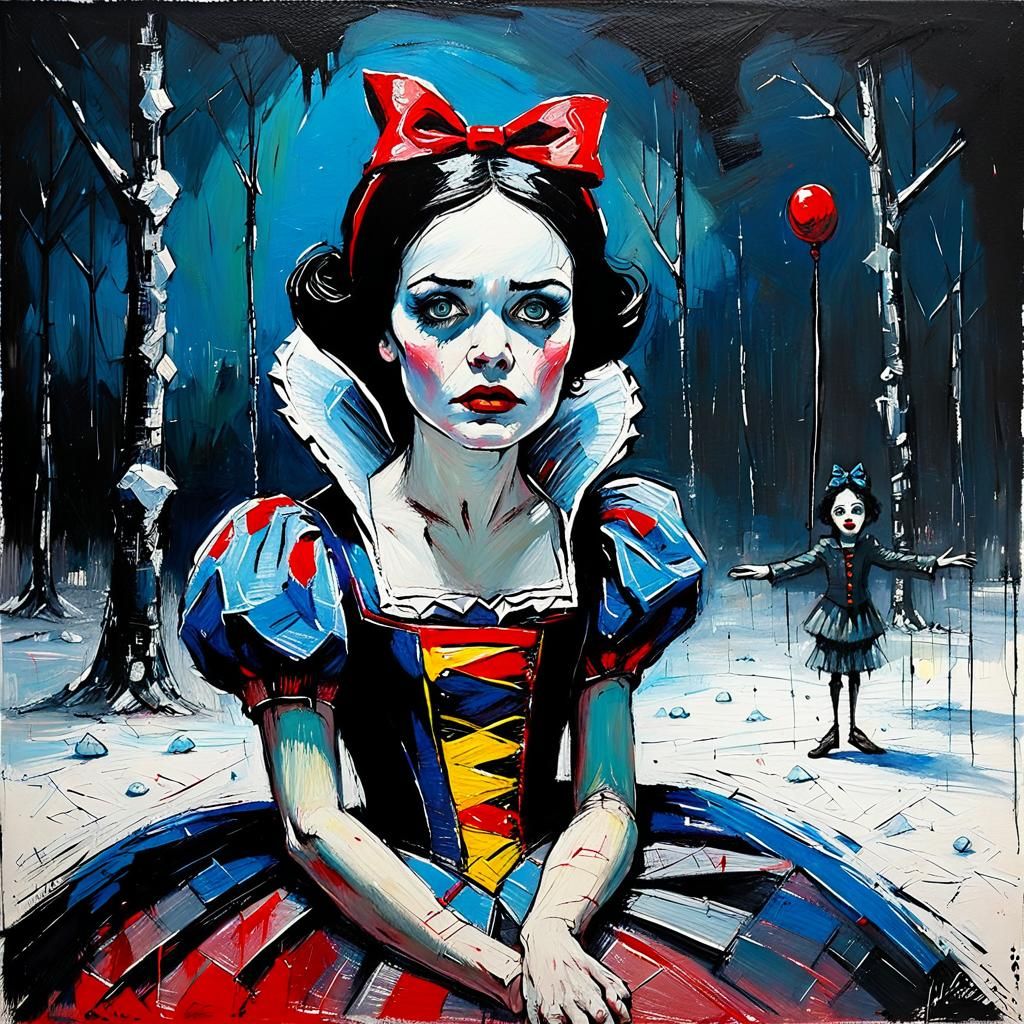 Scared Snow White in Eerie Circus, Tim Burton Style