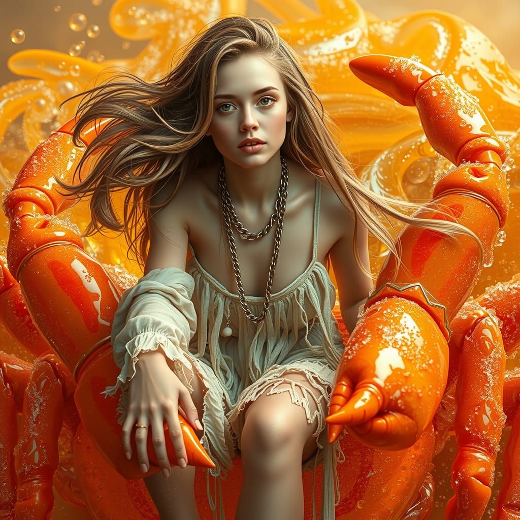 Dreamlike Sea Ride: Bohemian Woman on Gummy Crab