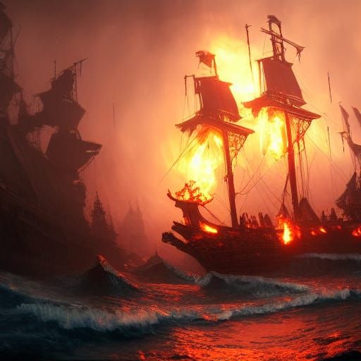 Burning Pirate Ship in Dark Fantasy Style