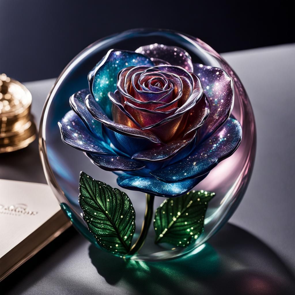 Iridescent Glass Rose with Stars and Fireflies