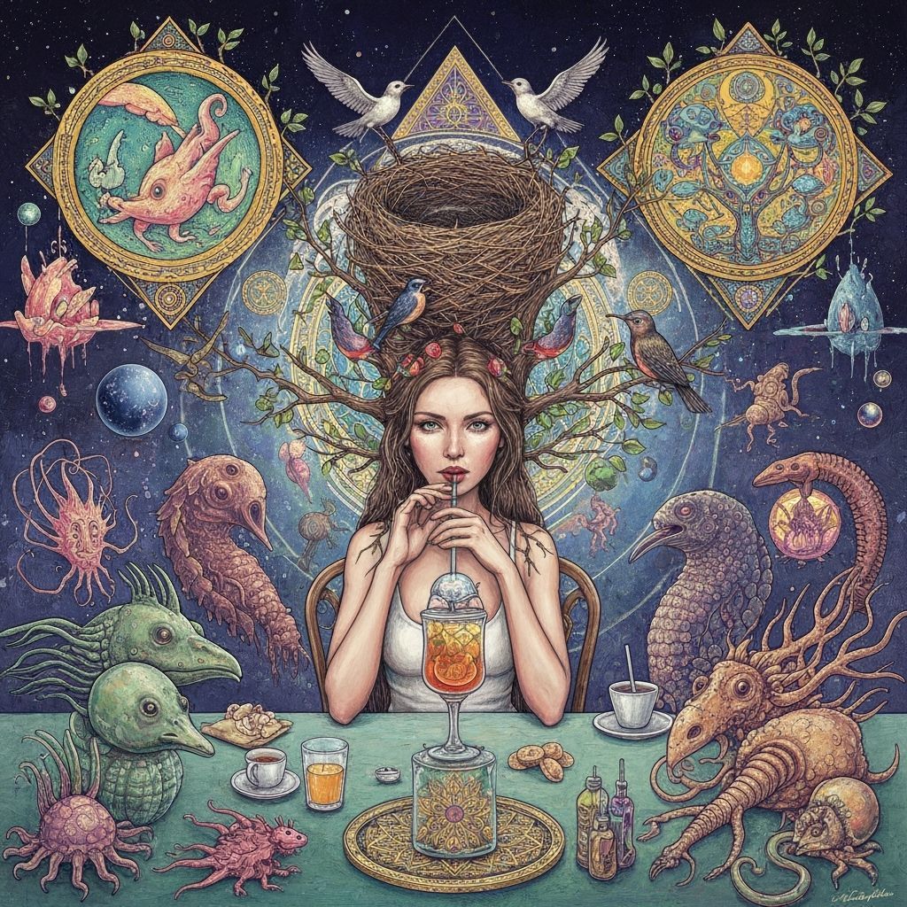 Cosmic Cafe: Woman with Birds in Surreal Setting