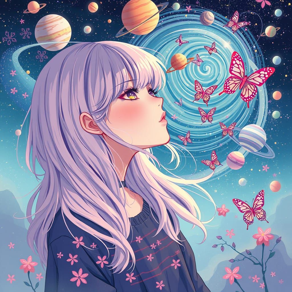 Teen Girl's Cosmic Dreamscape with Butterflies and Planets