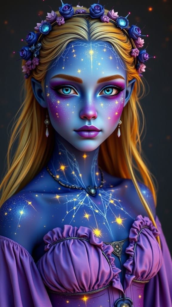 Cyberpunk Fantasy Goddess with Ombre Skin and Glowing Conste...