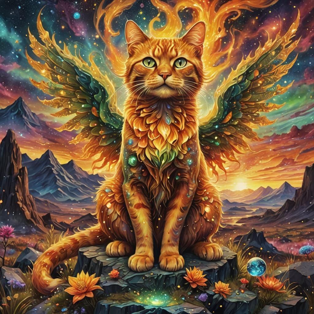 Cosmic Cat Ablaze in Ethereal Flames: Astral Illustration