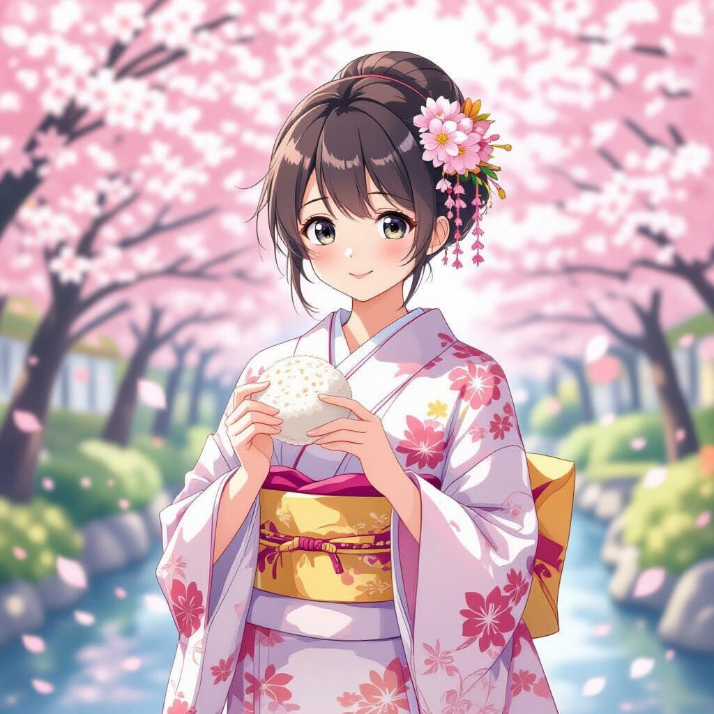 Anime Girl with Rice Cake in a Blossom Garden