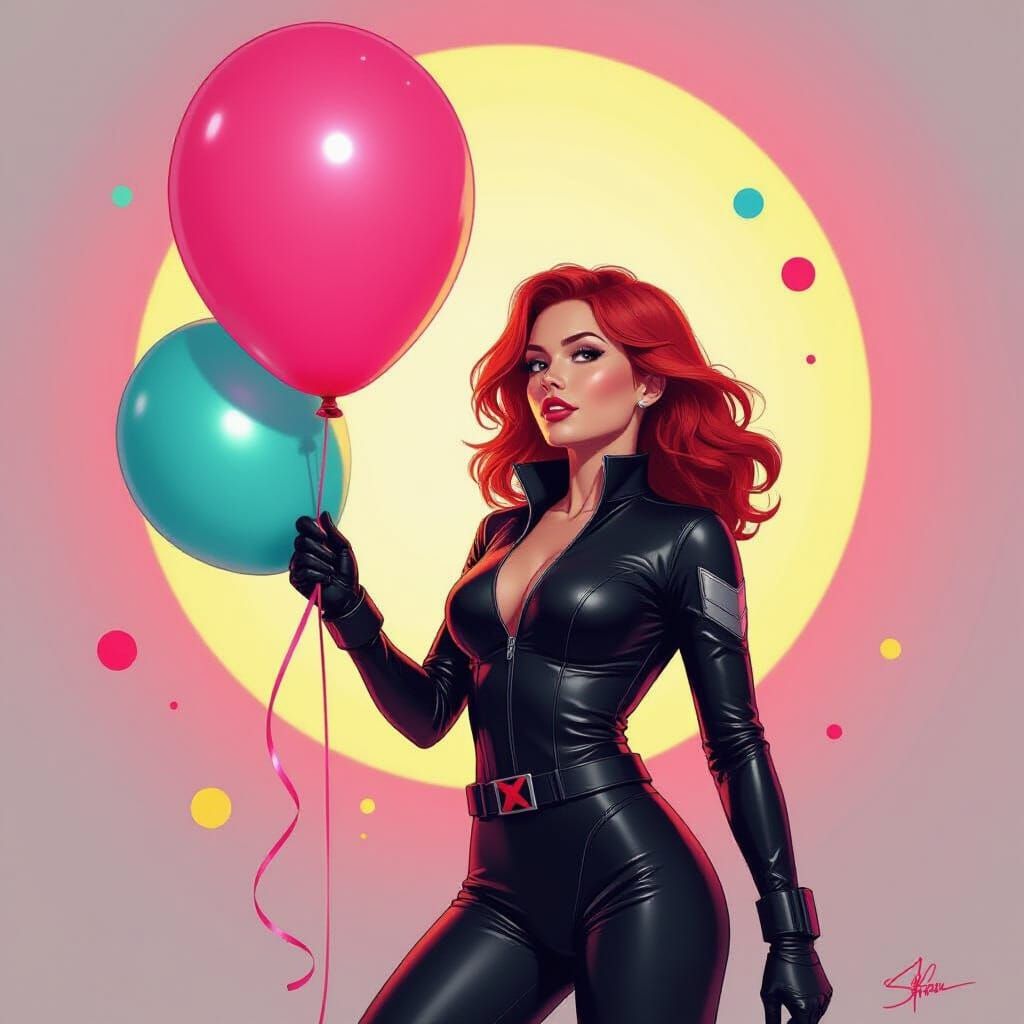 Black Widow and Party Balloon, Futuristic Neon Style
