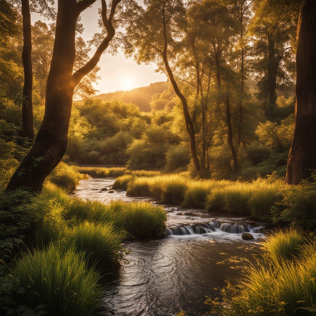 Golden Hour River Flow Through Forest Landscape Photography