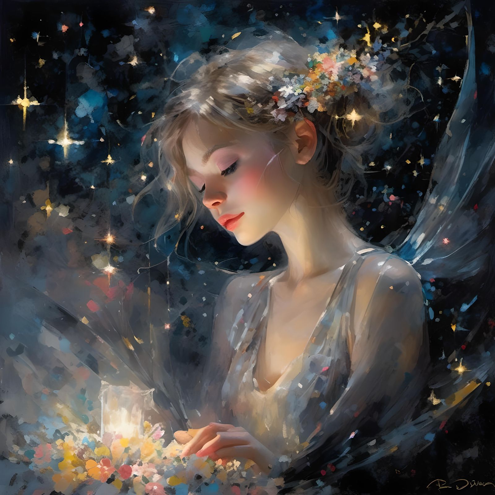 <lora:Aura:1.0>  Fairy of the night, glimmer, shimmer, sparkle