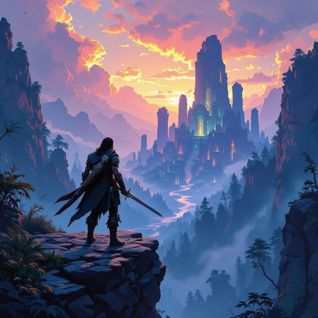 Heroic Adventurer Overlooks Mystical Forest Ruins