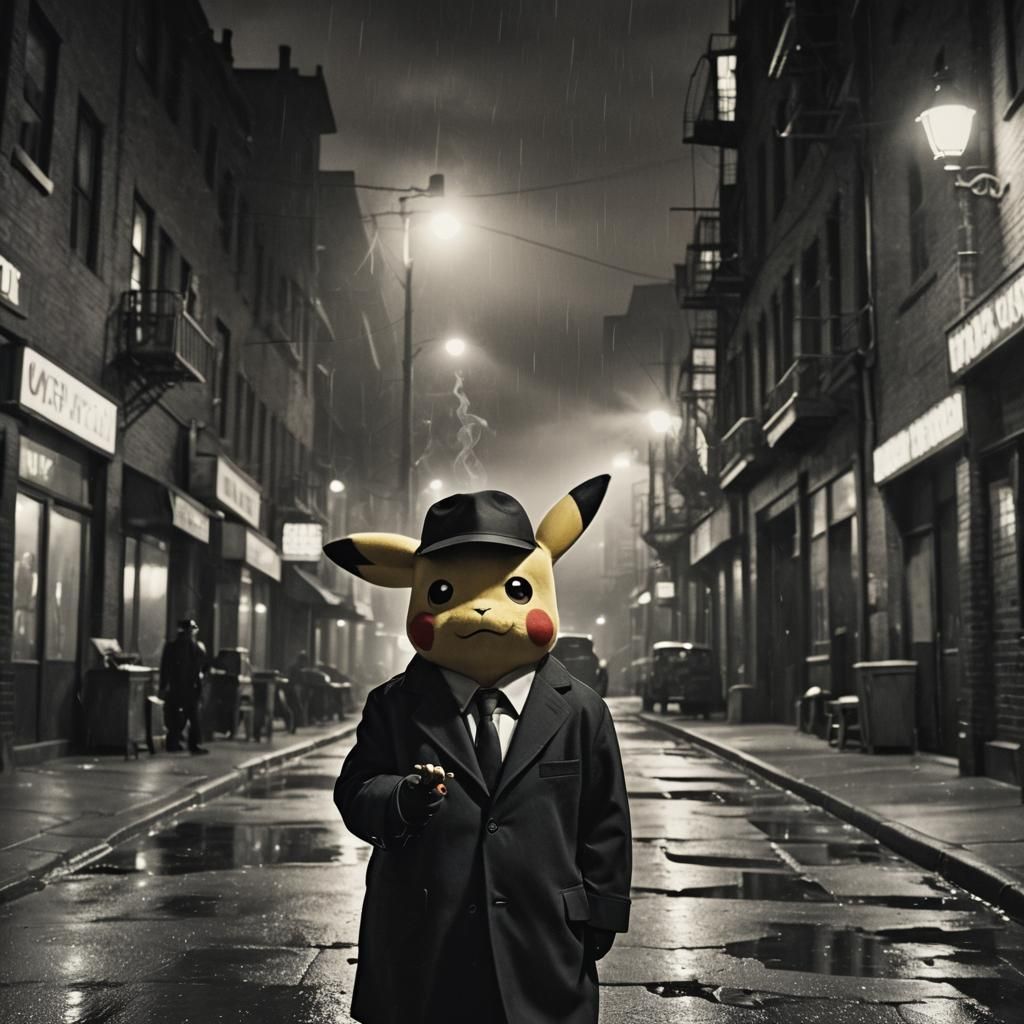 Pikachu as Film Noir Mobster in Rainy Alley