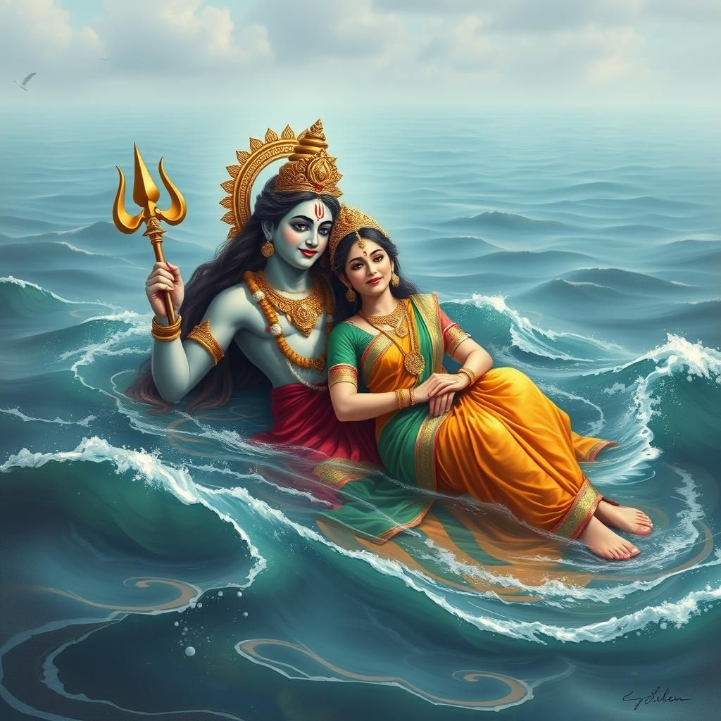 Vishnu and Lakshmi: Divine Couple in Infinite Ocean