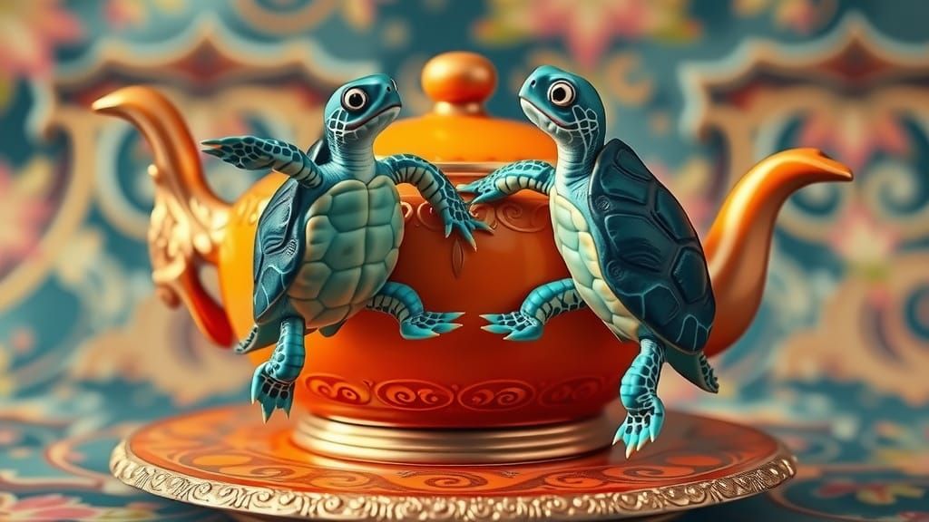 Playful Turtles Dance on a Luxurious Teapot