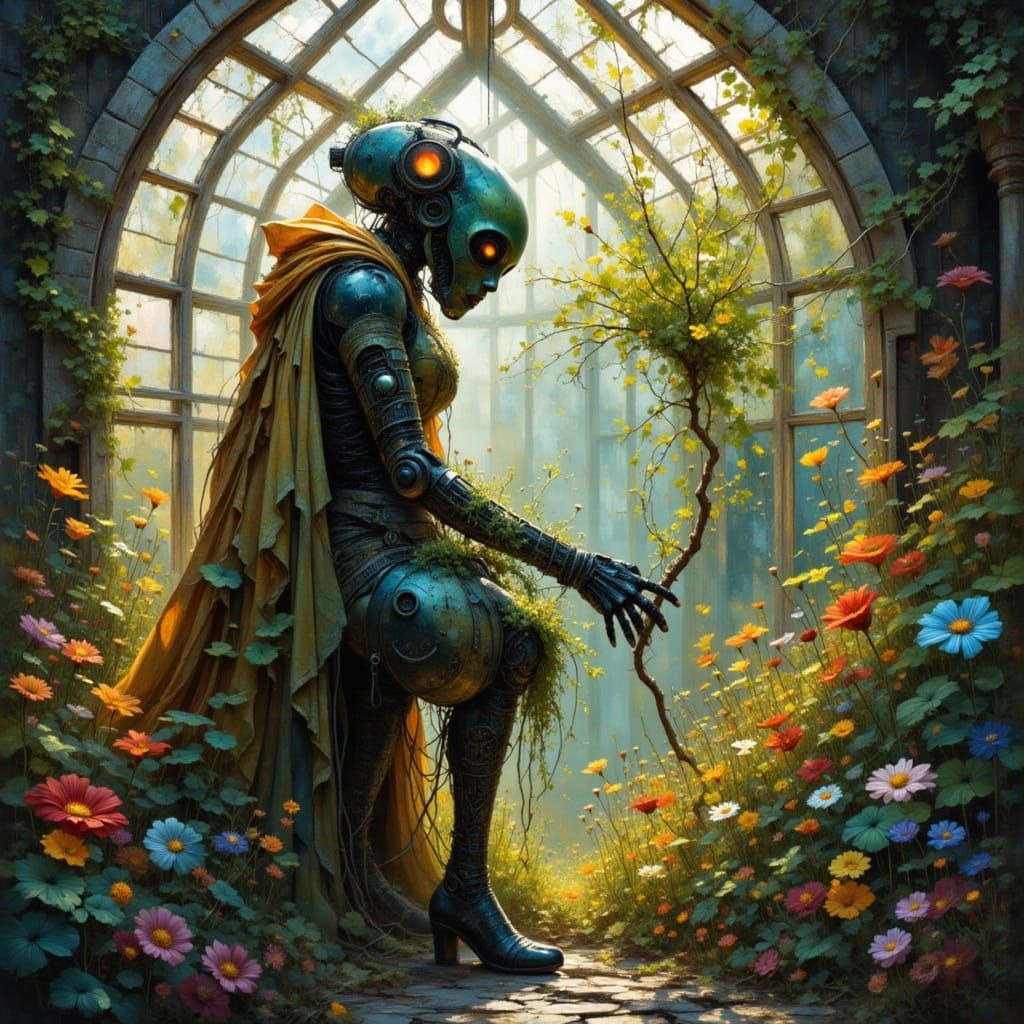 Robot Tends Glowing Vines in Ruined Greenhouse