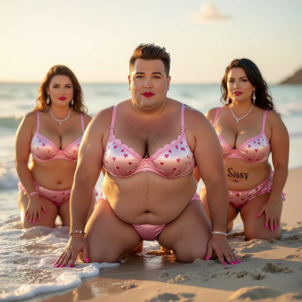 Overweight Man and Women in Matching Outfits on Beach at Gol...