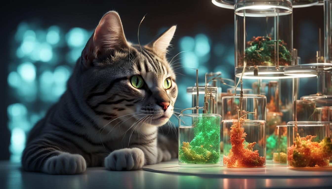 Cat Observes Bio Art Experiment in Cinematic CGI