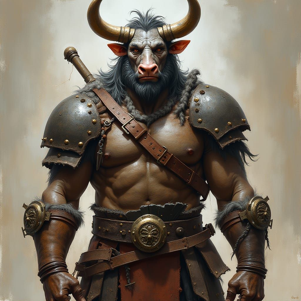 A Grey-Brown Minotaur Blacksmith with a Single Horn and Leat...