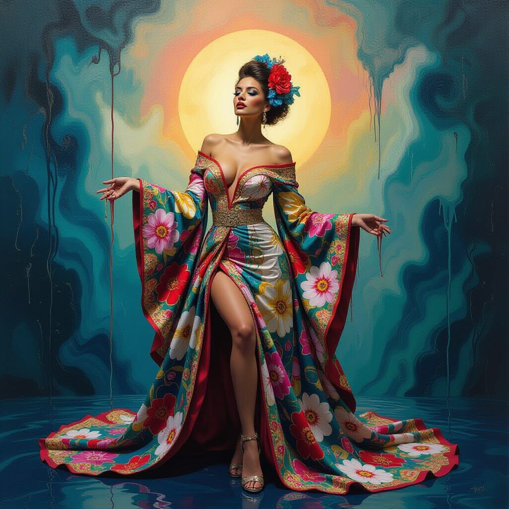 A surreal fashion editorial features a mysterious woman with...