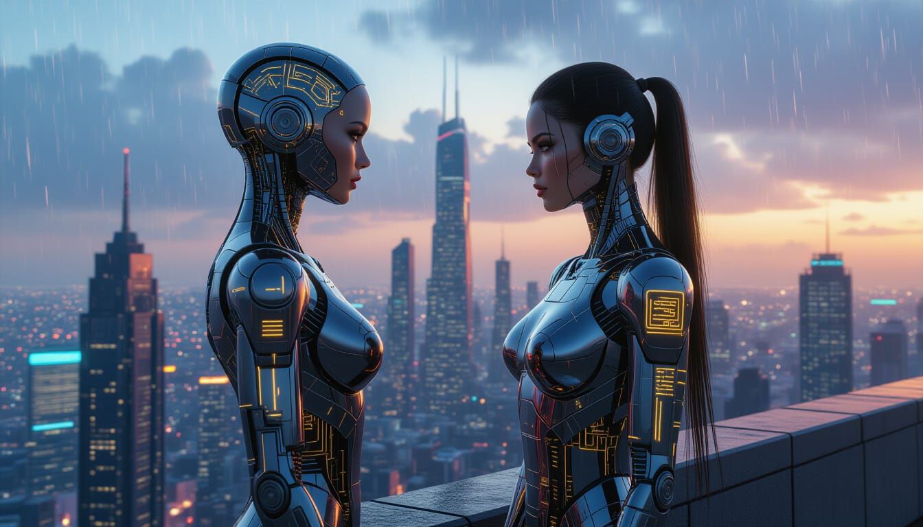 Super AI Female in Cyberpunk Cityscape
