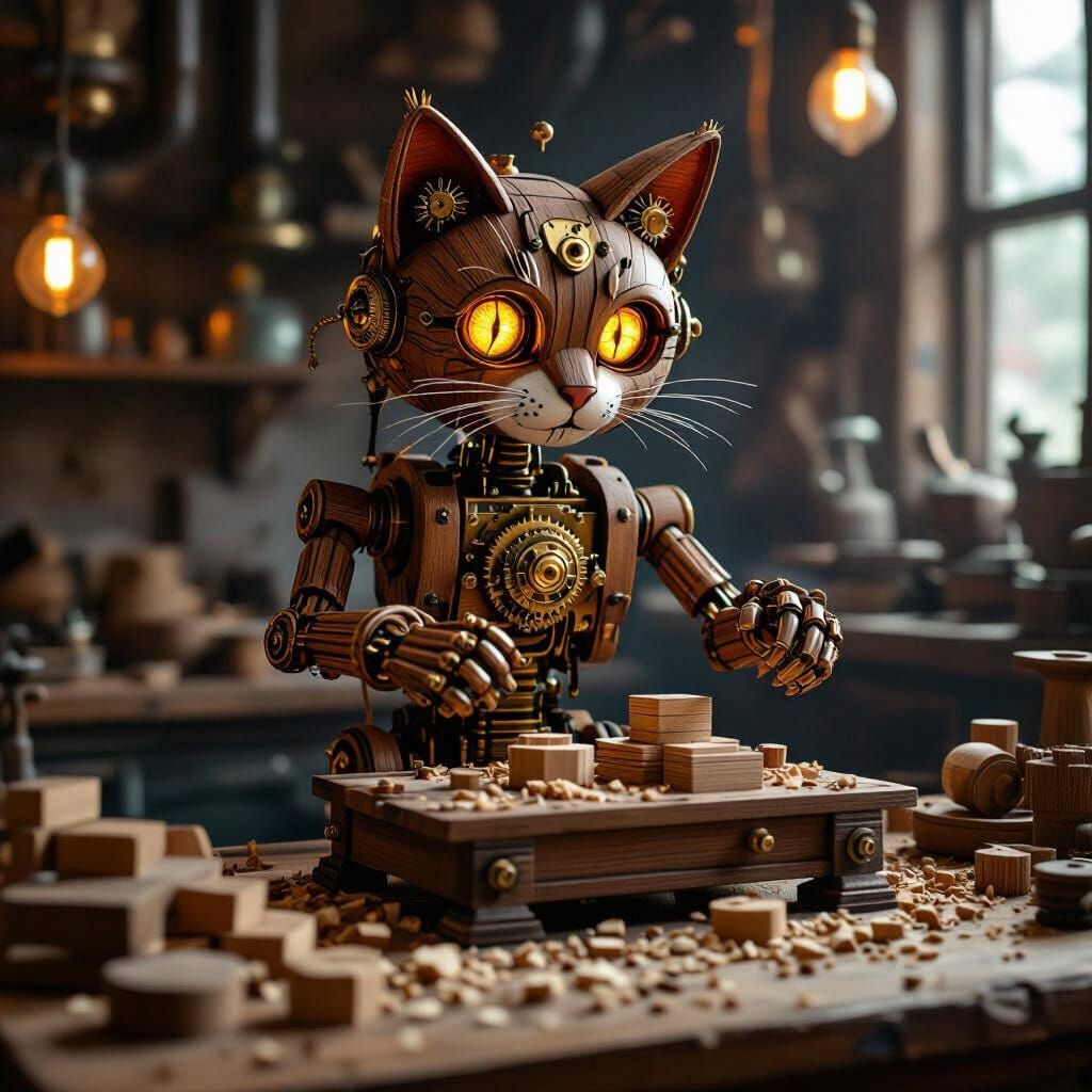 Steampunk Automaton Cat Crafts Wooden Sculptures