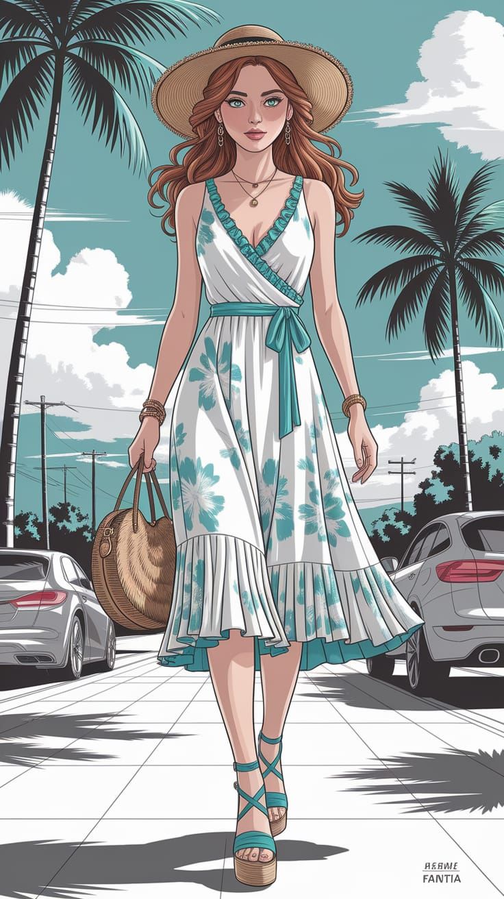 Bohemian Summer Dress in Honolulu, Colored Pencil Sketch
