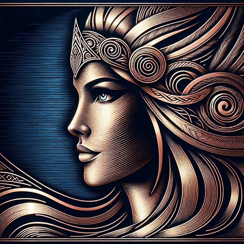 Norse Goddess Portrait in Copper Scratch Art