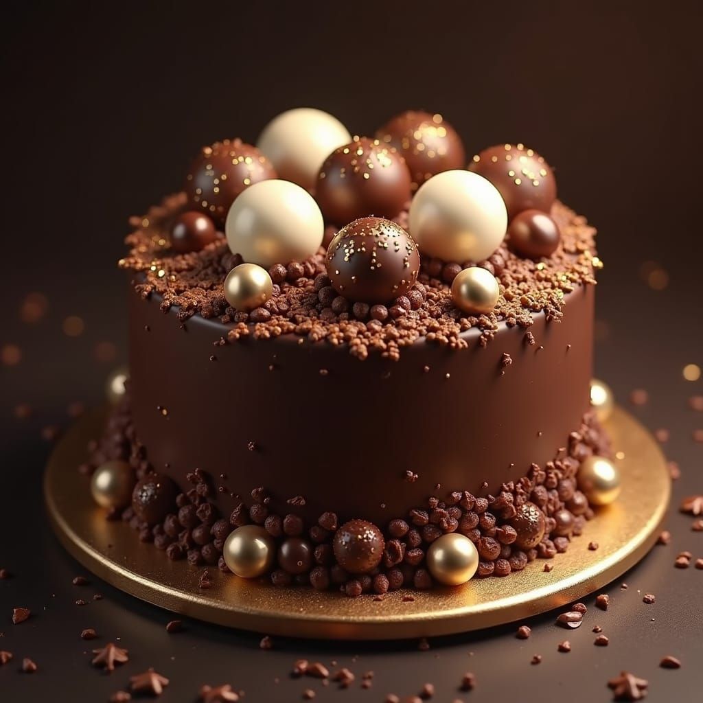 Chocolate Cake with Gold Spheres, Digital Art