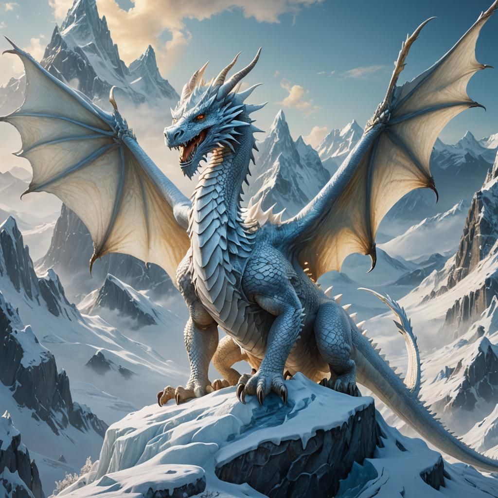 Majestic White Dragon Perched on Snowy Peak