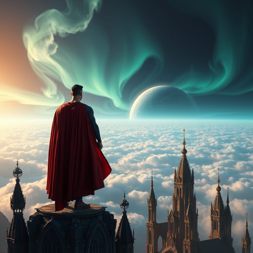 Superman Observes the Cosmic Beauty of Neptune's Towers