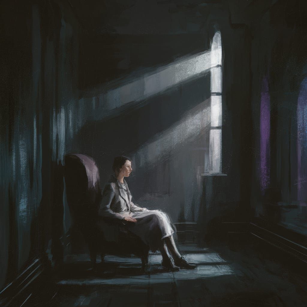 Contemplative Figure in Gothic Film Noir Setting